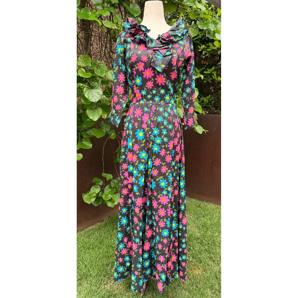 Vtg 60s McKells Dallas Black Daisy Psychedelic Wide Leg Jumpsuit Ruffle Collar S - Picture 2 of 8